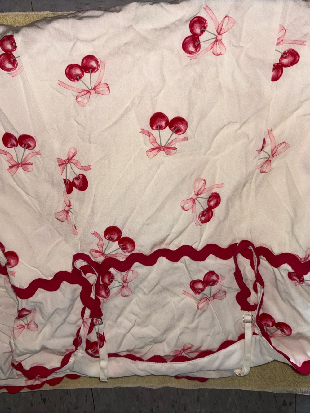 Cato White Sundress with Red Cherry Print and Red Trim